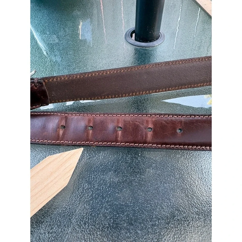 Mens Dark Brown Genuine Leather Belt Silver Buckle Double Stitched Size‎ 30